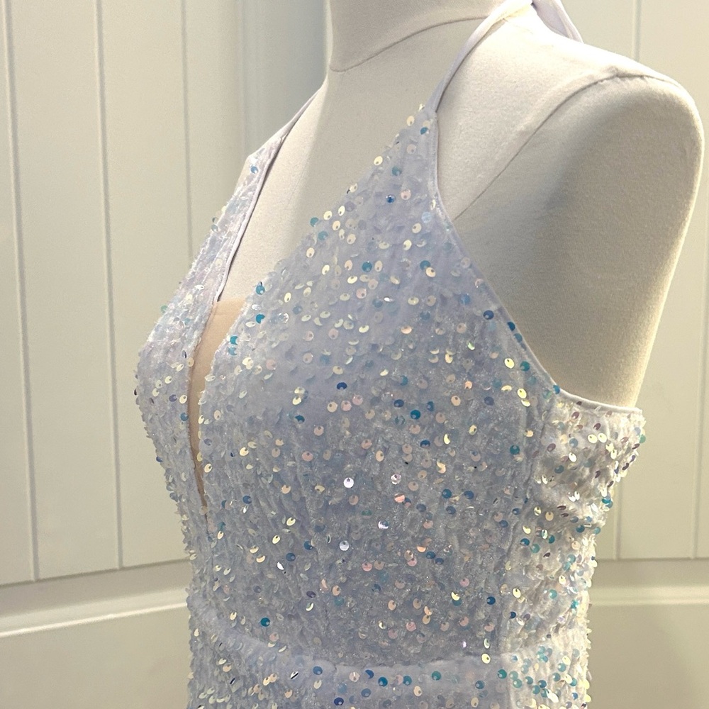 White Sequin Mini Dress Sleeveless Plunging V-Neck Mesh Yoke Back Lace Ties M - Picture 8 of 15